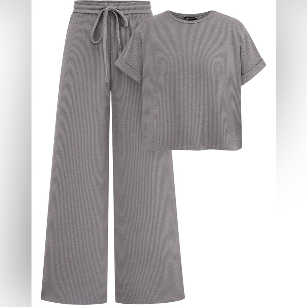 Gray Ribbed Knit Loungewear Set